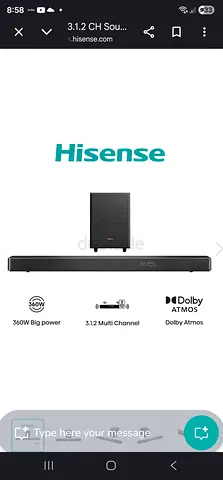 Brand new Hisense 3.1.2 Dolby Atmos Soundbar with Wireless Subwoofer