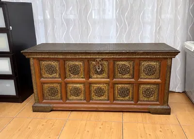 Ornate Brass-Embossed Wooden Storage Chest - Statement Piece