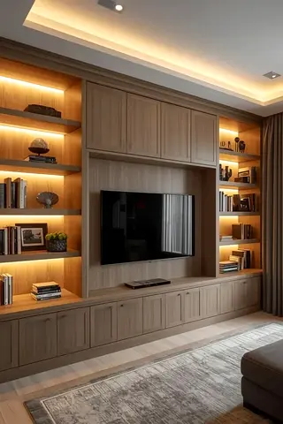 Built-in Wooden Entertainment Unit with Shelving and Cabinet Storage