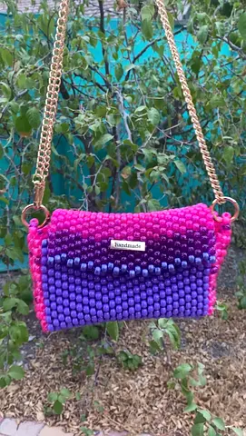 Handmade beaded crossbody bag with gold chain strap - pink  purple