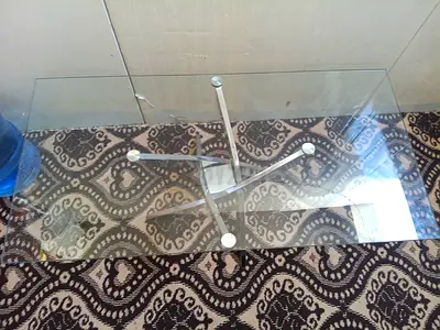 Glass Coffee Table with Metal Cross Base - Modern Rectangular Design