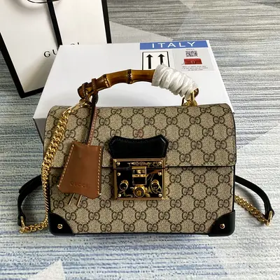 Gucci GG Supreme Monogram Small Padlock Bamboo Shoulder Bag Beige Black Cuir