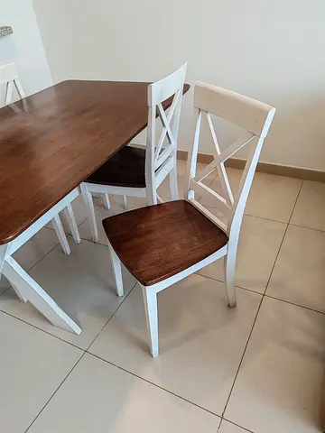 Wood Top Dining Table with 4 White Crossback Chairs - Excellent Condition