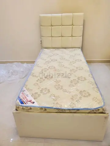 Single bed frame with headboard and mattress - cream