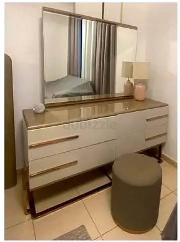 Beige Lacquer Dresser Set with Mirror  Pouf