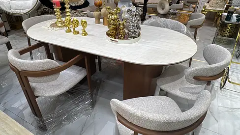Modern Oval Dining Table with six Upholstered Armchairs