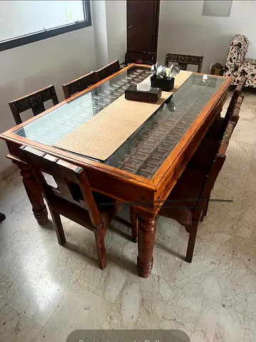 Solid Wood Dining Table Se - Glass Top - 8 Chairs - Excellet Condition - hand crafted - antique