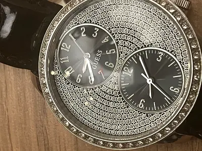 Used GUESS W10558L2 DUAL TIME LADIES WRISTWATCH STAINLESS BLING LEATHER