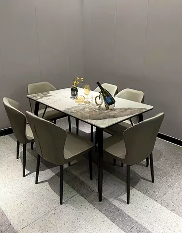 Modern 6-Seater Marble Top Dining Table with Upholstered Chairs