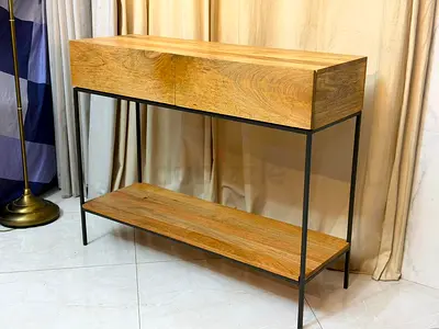West Elm Solid Wood Console Table with Metal Frame and Lower Shelf