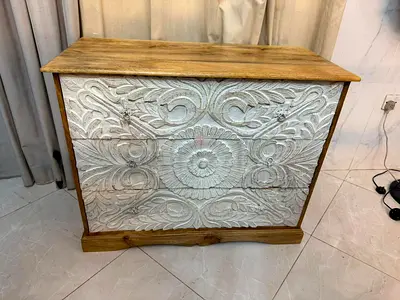 Carved Wooden 3-Drawer Chest with White Floral Front