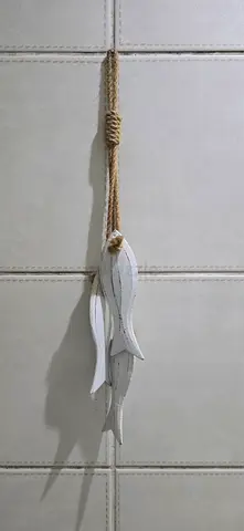 Handmade Nautical Wall Decor - White Wooden Fish on Rope