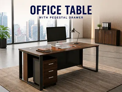 Walnut Grey Office Table with Pedestal Drawer – Modern Executive Office Desk