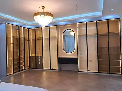 Built-in Walk-in Closet Wardrobe with Glass Doors and LED Lighting