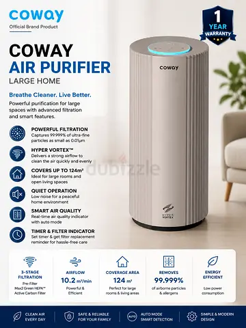 Coway Air Purifier for Large Rooms - Quiet, HEPA Filtration,