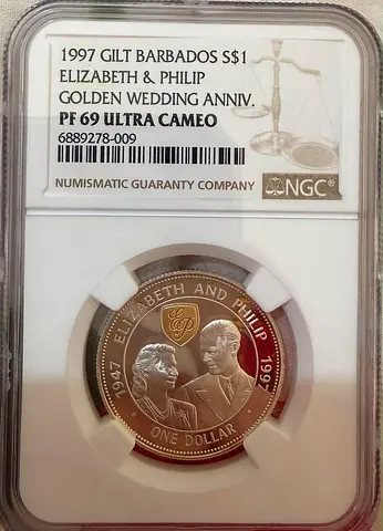1997 Barbados Gilt $1 Elizabeth  Philip Golden Wedding Anniversary PF69 UCAM (NGC slabbed)