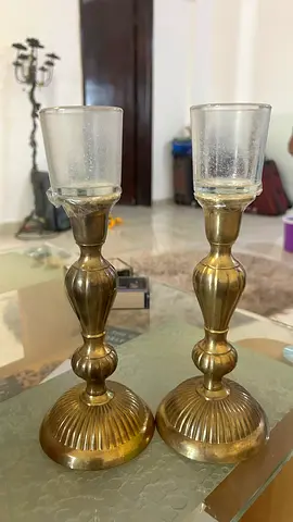 Pair of Brass Candlestick Holders with Glass Shades