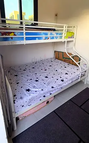 White Metal Bunk Bed with Staircase — with 140 cm ikea mattress
