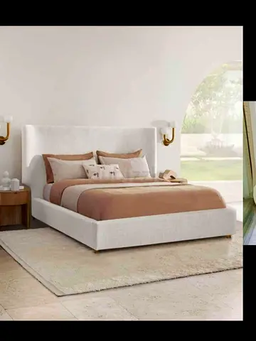 Upholstered Double Bed with Headboard - Light Beige, Modern Design
