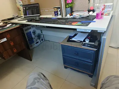 Large White Office Desk with Built-in Drawer Unit - Used