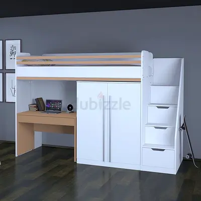 White loft bed with wardrobe, desk and staircase storage - single