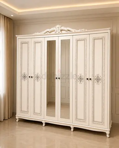 Classic White 6-Door Wardrobe with Mirrors and Decorative Carvings