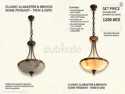 Pair of Classic Alabaster Bronze Dome Pendant Lights - Set