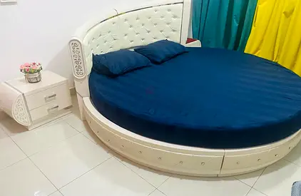 Round King Size Bed with Matching Nightstand — White, Good Condition