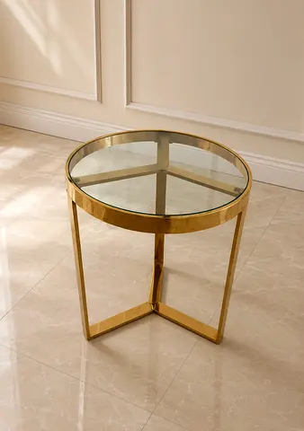 Modern Gold Round Side Table with Glass Top