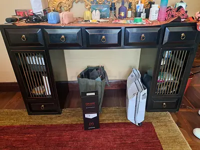 Black Wooden Console Table with Drawers and Cabinet Shelves
