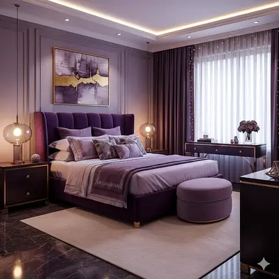 Modern Purple Velvet Upholstered Bed Frame and Headboard