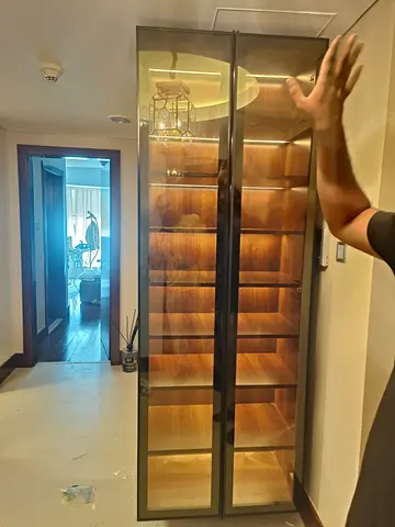 Tall Glass Display Cabinet with Internal Lighting - Walnut Finish