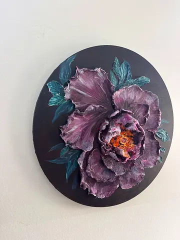 Hand-painted Round Floral Artwork on Black Panel