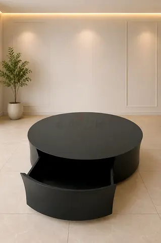 Modern Matte Black Round Coffee Table with Storage Drawer