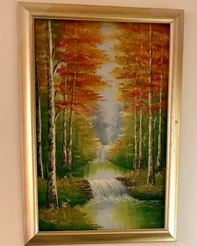Framed Autumn Forest Landscape Painting with Waterfall