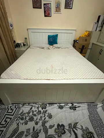White Wooden Double Bed Frame with Headboard and mattress Good Condition