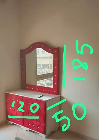 Wooden Dresser with Red Upholstered Drawers and Mirror - Good Condition