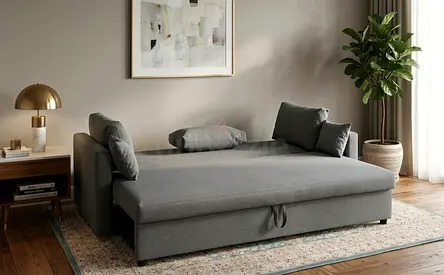 Premium fabric sofa bed with a solid frame, comfortable back cushions and a practical design for any