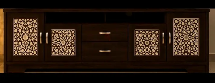 Dark Wood TV Entertainment Unit with Decorative Patterned Doors