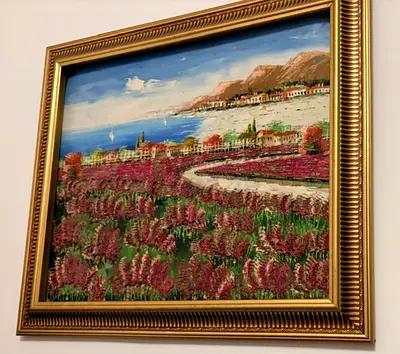 Framed Oil Painting of Coastal Village with Flower Fields