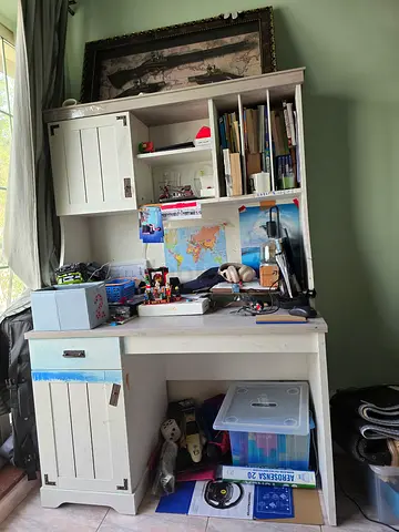 White Wooden Study Desk with Overhead Shelves and Cupboards — Used