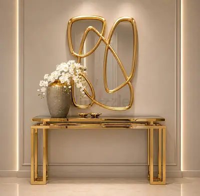 Modern Gold Console Table and Abstract Wall Mirror Set