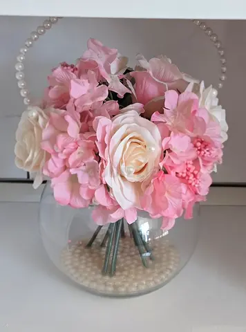 Artificial Pink White Floral Bouquet in Glass Vase with Pearl Handle