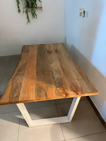 Solid Wood Dining Table with White Metal Base - 6 Seater (4chairs)
