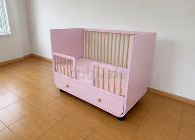 Pink Convertible Baby Crib / Cot Bed - Storage Drawer + Mattress
