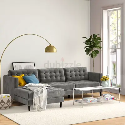 Gray L-shaped Tufted Velvet Sofa with Chaise