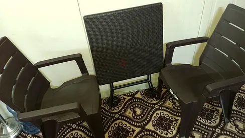Set of 2 Brown Plastic Armchairs with Foldable Table - Good Condition