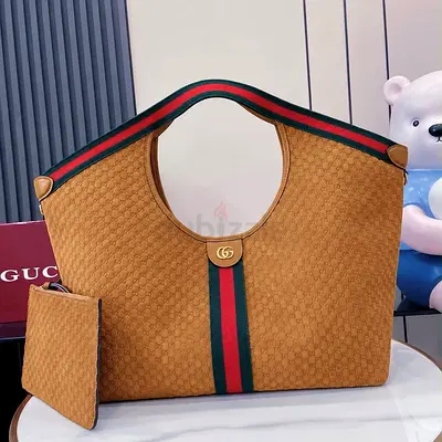 Gucci Blue Canvas Tote Bag with Red-Green Stripe and Small Pouch