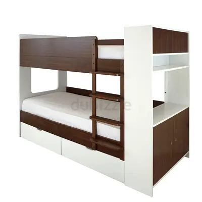 White and Walnut Wooden Bunk Bed with Built-in Shelves and Drawers