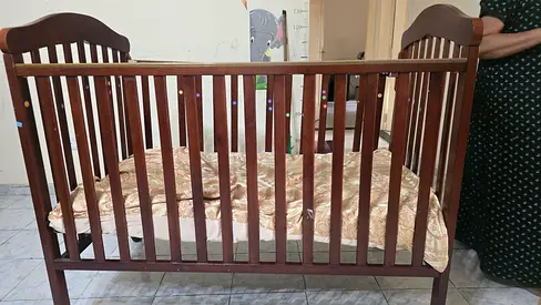 Solid Wood Baby Crib with Mattress - Dark Brown, Good Condition